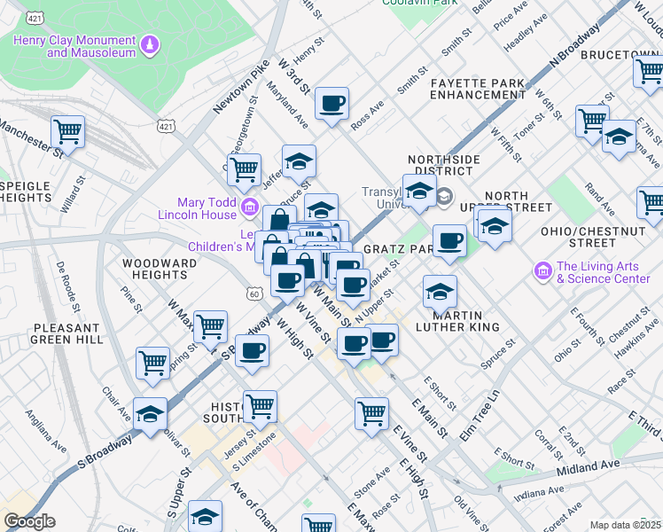 map of restaurants, bars, coffee shops, grocery stores, and more near in Lexington