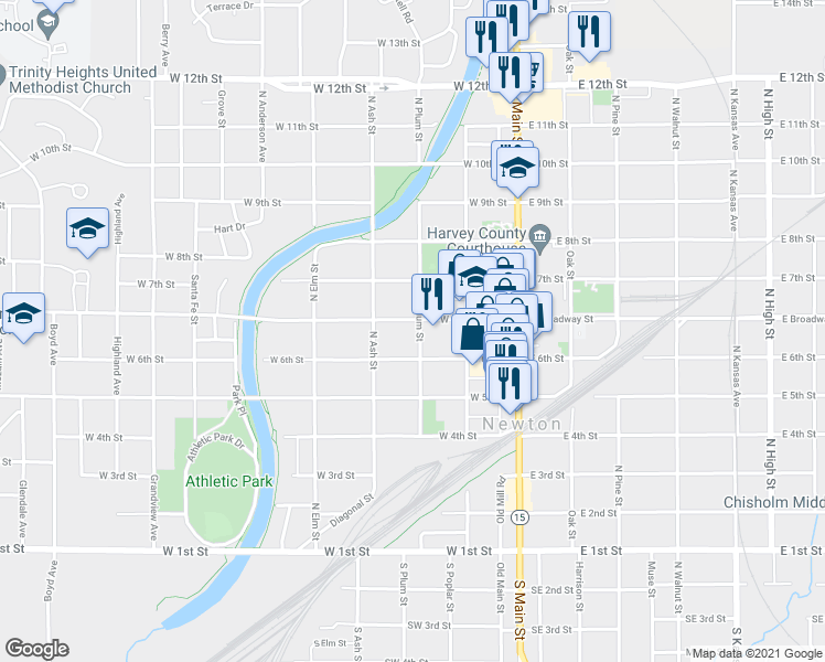 map of restaurants, bars, coffee shops, grocery stores, and more near 303 West Broadway Street in Newton
