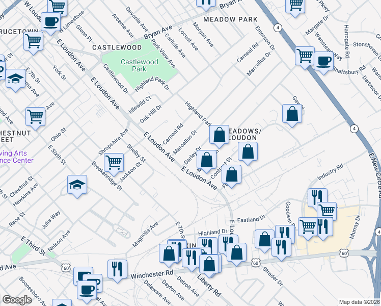 map of restaurants, bars, coffee shops, grocery stores, and more near 821 Meadow Lane in Lexington
