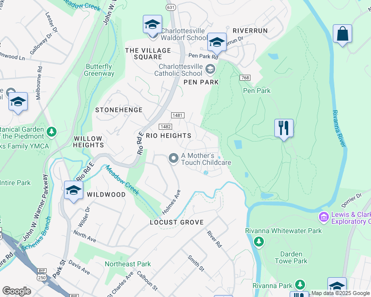 map of restaurants, bars, coffee shops, grocery stores, and more near 527 Lochlyn Hill Drive in Charlottesville