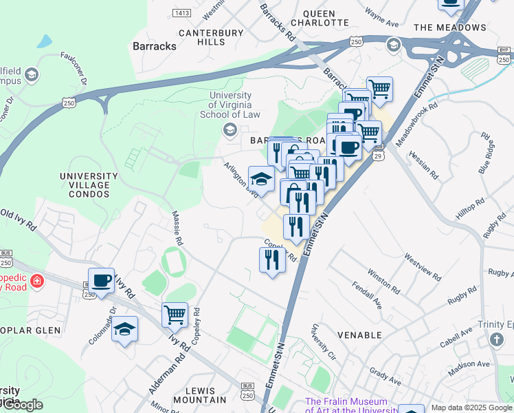 map of restaurants, bars, coffee shops, grocery stores, and more near 2106 Arlington Boulevard in Charlottesville