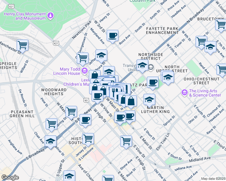 map of restaurants, bars, coffee shops, grocery stores, and more near 367 West Short Street in Lexington