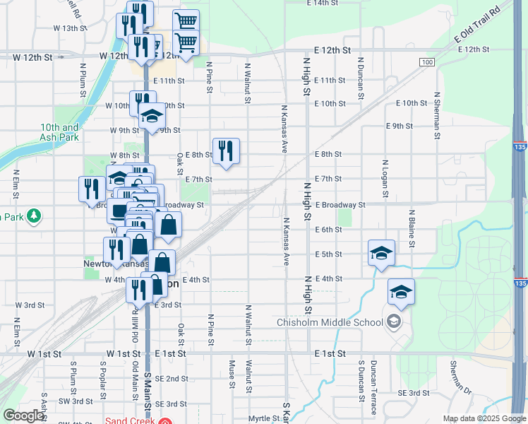 map of restaurants, bars, coffee shops, grocery stores, and more near 410 East 6th Street in Newton