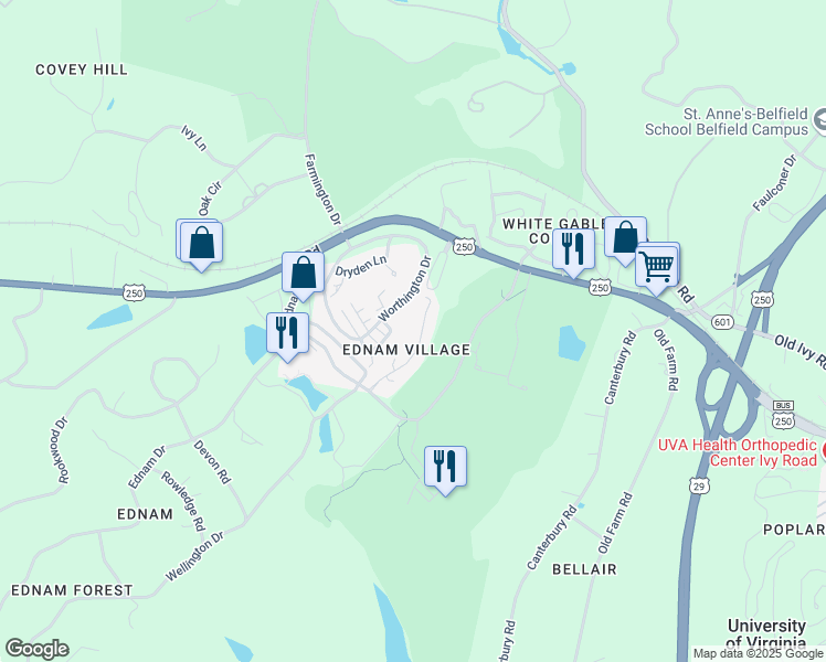 map of restaurants, bars, coffee shops, grocery stores, and more near 26 Ednam Village Street in Charlottesville