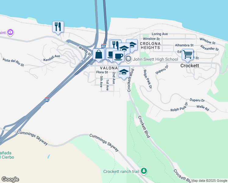 map of restaurants, bars, coffee shops, grocery stores, and more near 2nd Avenue & Rose Street in Crockett