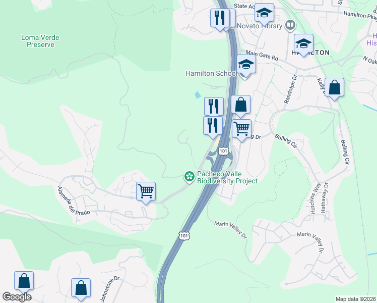 map of restaurants, bars, coffee shops, grocery stores, and more near 1 Clay Court in Novato