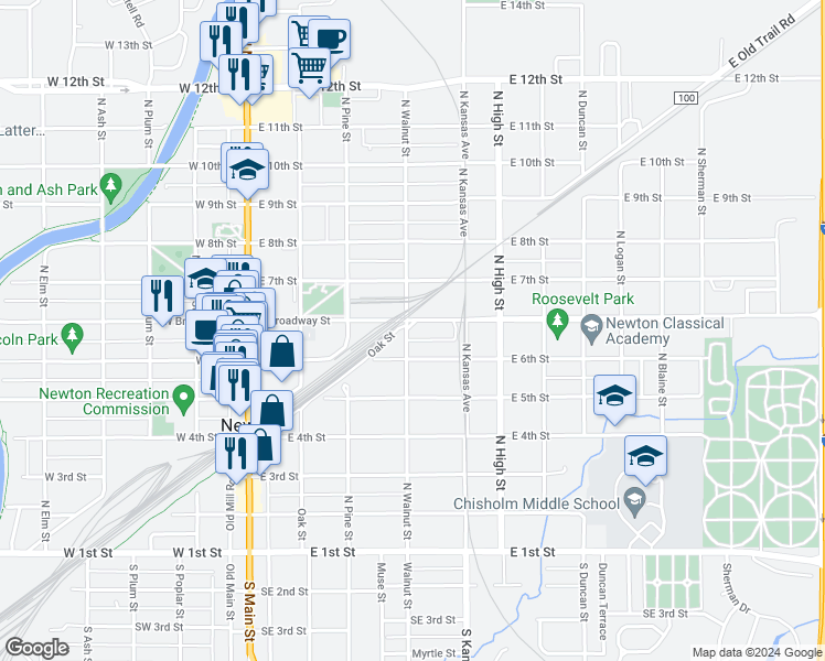 map of restaurants, bars, coffee shops, grocery stores, and more near 401 East Broadway Street in Newton