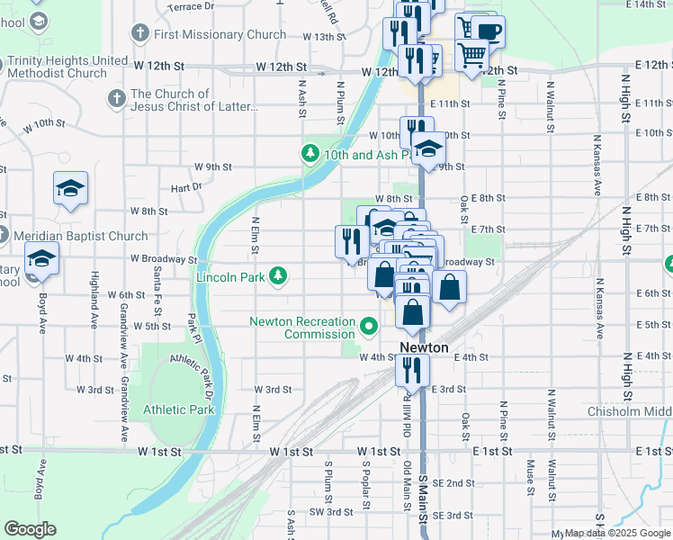 map of restaurants, bars, coffee shops, grocery stores, and more near 303 West Broadway Street in Newton
