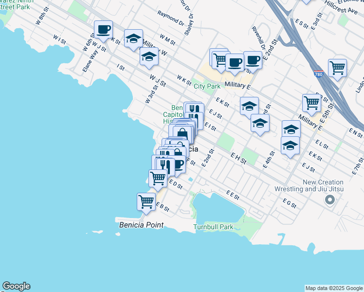 map of restaurants, bars, coffee shops, grocery stores, and more near 629 1st Street in Benicia