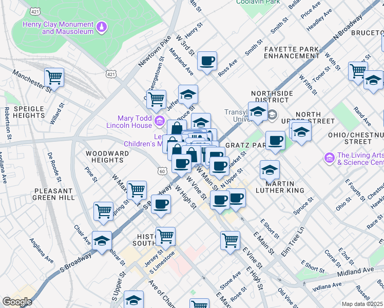 map of restaurants, bars, coffee shops, grocery stores, and more near 109 North Mill Street in Lexington