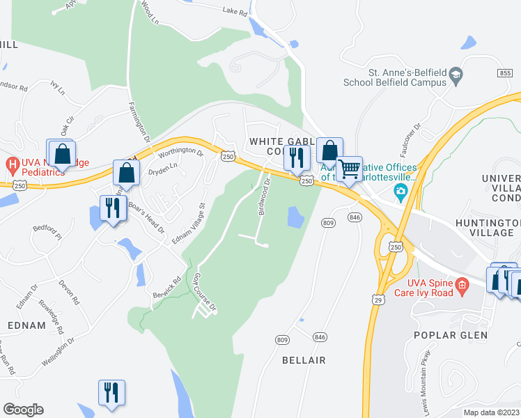 map of restaurants, bars, coffee shops, grocery stores, and more near 511 Birdwood Drive in Charlottesville