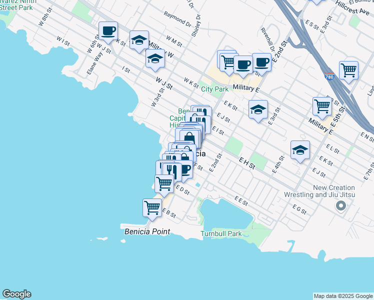 map of restaurants, bars, coffee shops, grocery stores, and more near in Benicia