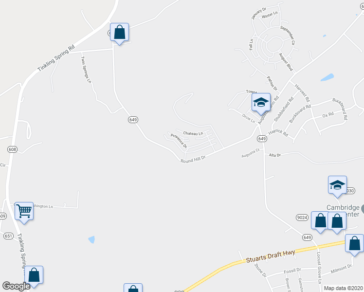 map of restaurants, bars, coffee shops, grocery stores, and more near 356 Round Hill Drive in Stuarts Draft