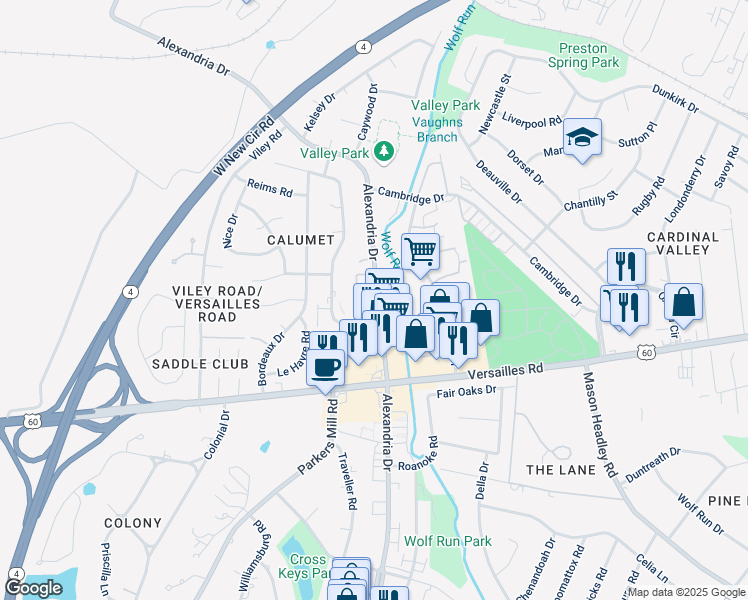 map of restaurants, bars, coffee shops, grocery stores, and more near 1388 Alexandria Drive in Lexington