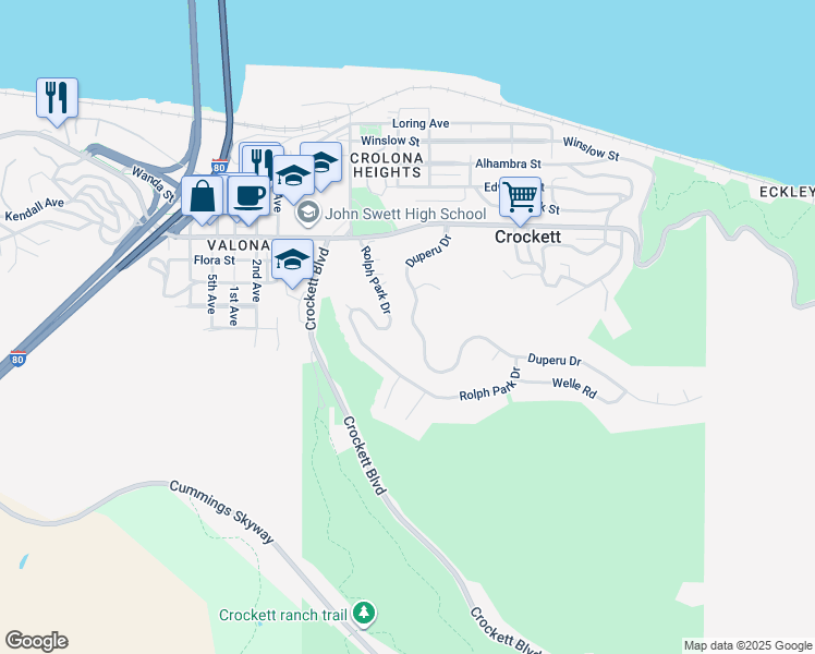 map of restaurants, bars, coffee shops, grocery stores, and more near 166 Duperu Drive in Crockett
