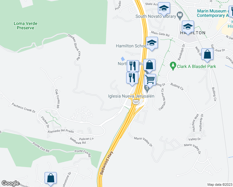 map of restaurants, bars, coffee shops, grocery stores, and more near 1 Clay Court in Novato