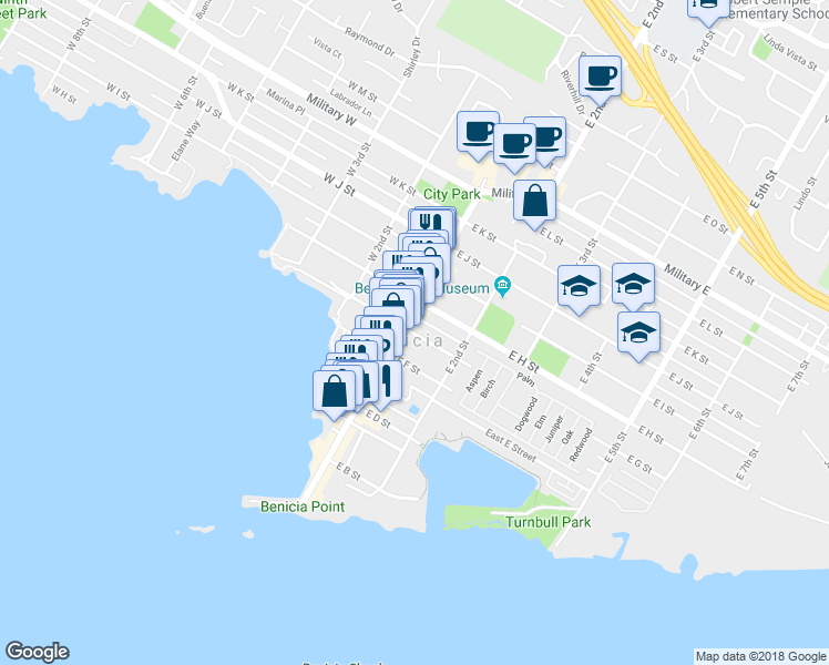 map of restaurants, bars, coffee shops, grocery stores, and more near 117 East G Street in Benicia