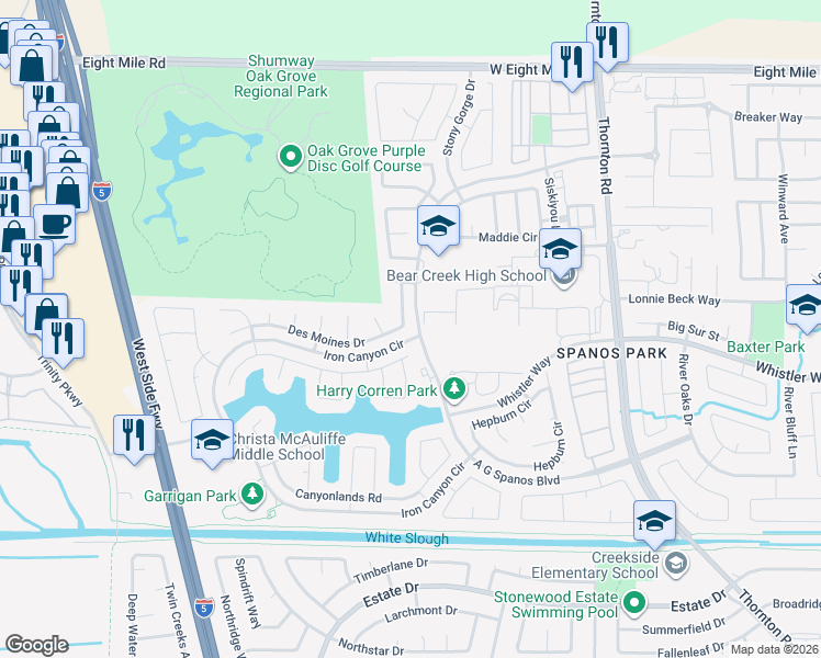 map of restaurants, bars, coffee shops, grocery stores, and more near 10404 Donner Avenue in Stockton