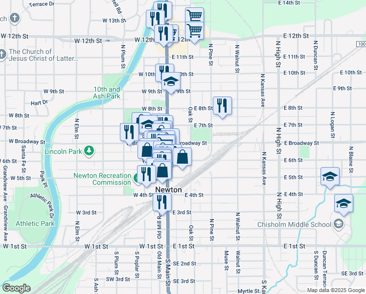 map of restaurants, bars, coffee shops, grocery stores, and more near 122 E 6th St in Newton