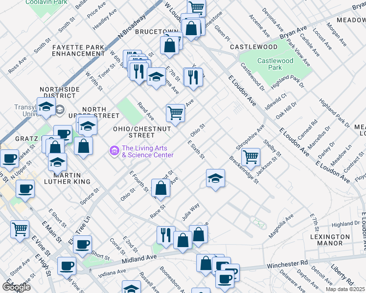 map of restaurants, bars, coffee shops, grocery stores, and more near 556 Ohio Street in Lexington