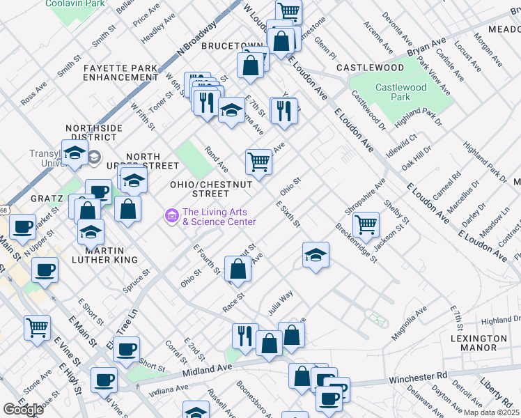 map of restaurants, bars, coffee shops, grocery stores, and more near 545 Ohio Street in Lexington