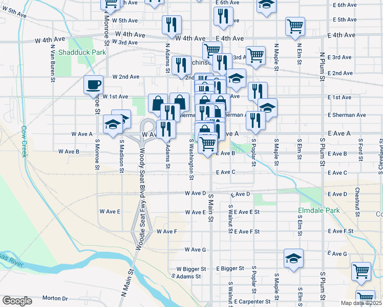 map of restaurants, bars, coffee shops, grocery stores, and more near 201 South Washington Street in Hutchinson