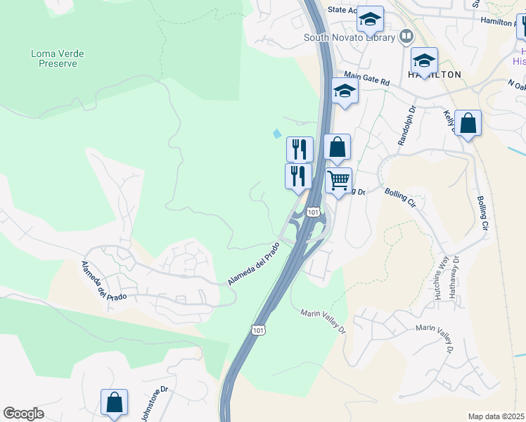 map of restaurants, bars, coffee shops, grocery stores, and more near 1 Clay Court in Novato