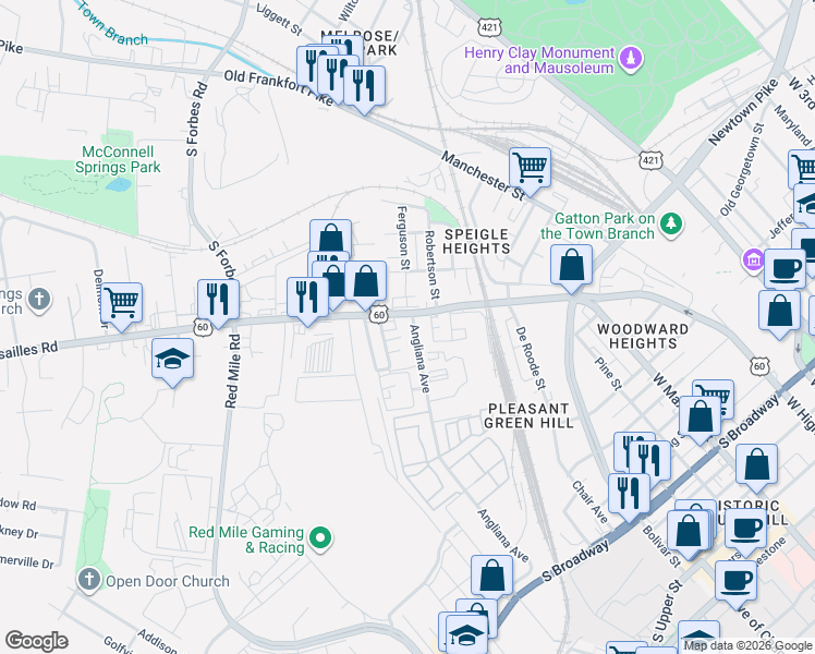 map of restaurants, bars, coffee shops, grocery stores, and more near 854 Angliana Avenue in Lexington