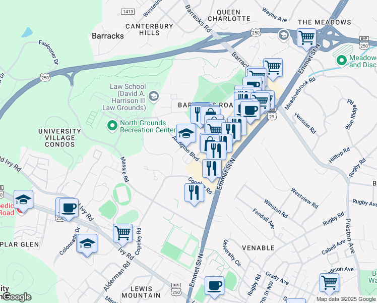 map of restaurants, bars, coffee shops, grocery stores, and more near 2278 Arlington Boulevard in Charlottesville