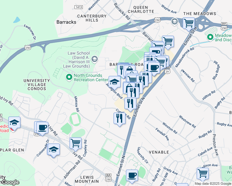 map of restaurants, bars, coffee shops, grocery stores, and more near Arlington Boulevard in Charlottesville