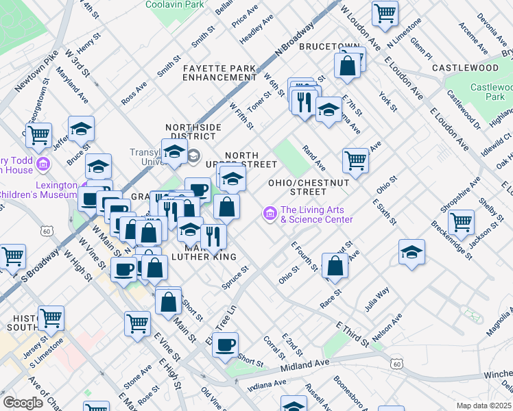 map of restaurants, bars, coffee shops, grocery stores, and more near 364 North Martin Luther King Boulevard in Lexington