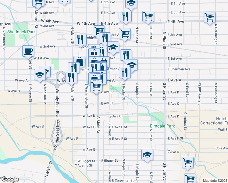 map of restaurants, bars, coffee shops, grocery stores, and more near in Hutchinson