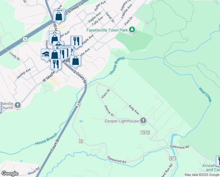 map of restaurants, bars, coffee shops, grocery stores, and more near 205 King Street in Fayetteville