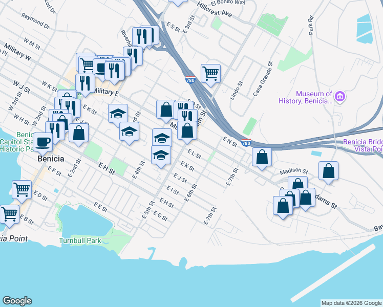 map of restaurants, bars, coffee shops, grocery stores, and more near 528 East L Street in Benicia
