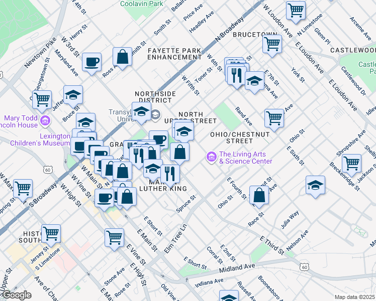 map of restaurants, bars, coffee shops, grocery stores, and more near 350 North Limestone in Lexington