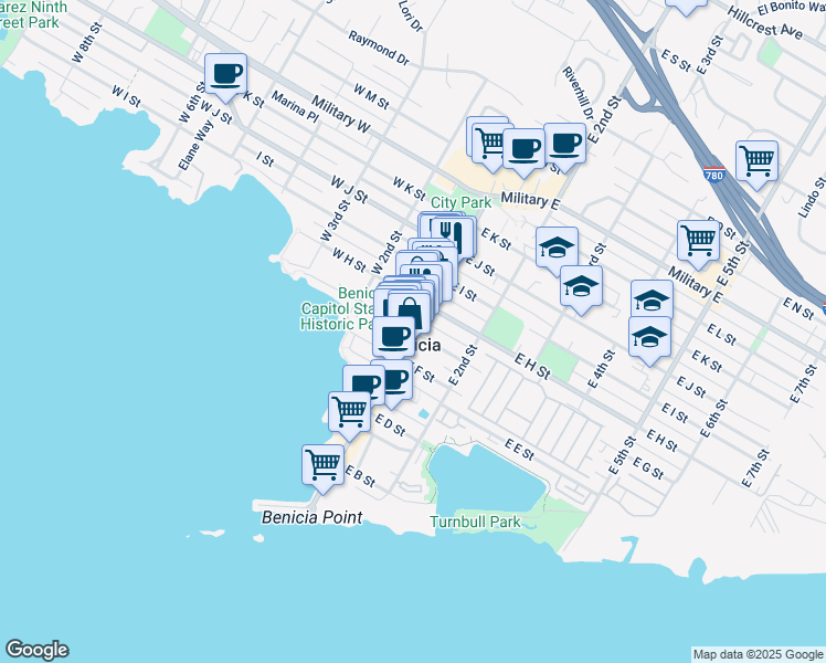 map of restaurants, bars, coffee shops, grocery stores, and more near 1st St & E G St in Benicia
