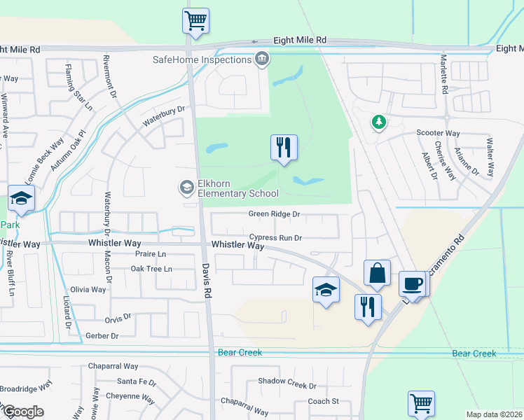 map of restaurants, bars, coffee shops, grocery stores, and more near 1241 Green Ridge Drive in Stockton