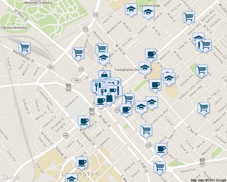 map of restaurants, bars, coffee shops, grocery stores, and more near 141 N Broadway in Lexington
