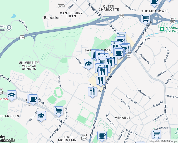 map of restaurants, bars, coffee shops, grocery stores, and more near 2425 Arlington Boulevard in Charlottesville