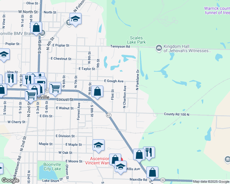 map of restaurants, bars, coffee shops, grocery stores, and more near 214-218 Flint Street in Boonville