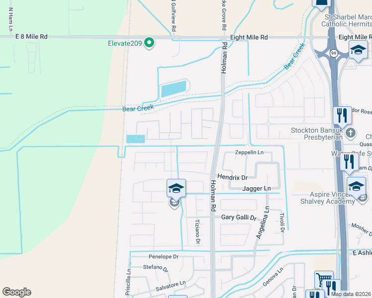 map of restaurants, bars, coffee shops, grocery stores, and more near 10505 Holman Road in Stockton