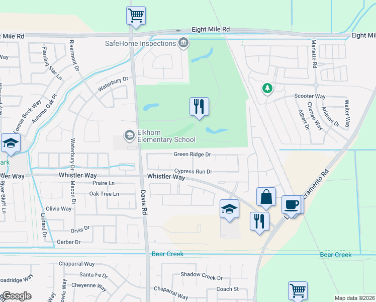 map of restaurants, bars, coffee shops, grocery stores, and more near 1241 Green Ridge Drive in Stockton