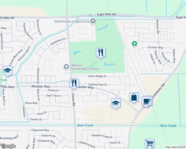 map of restaurants, bars, coffee shops, grocery stores, and more near 1241 Green Ridge Drive in Stockton