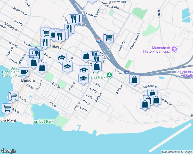 map of restaurants, bars, coffee shops, grocery stores, and more near 500 Military East in Benicia