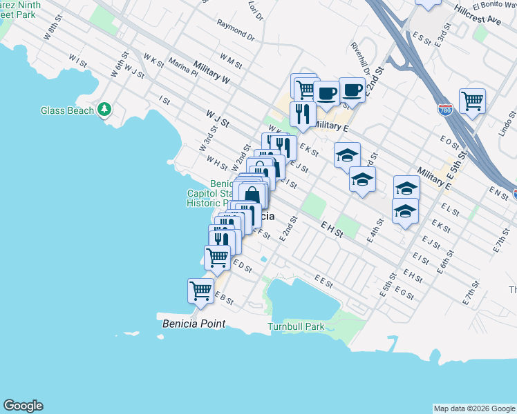 map of restaurants, bars, coffee shops, grocery stores, and more near in Benicia