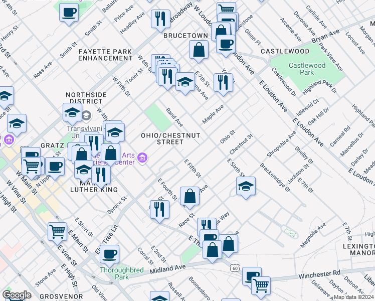 map of restaurants, bars, coffee shops, grocery stores, and more near 256 Engman Avenue in Lexington