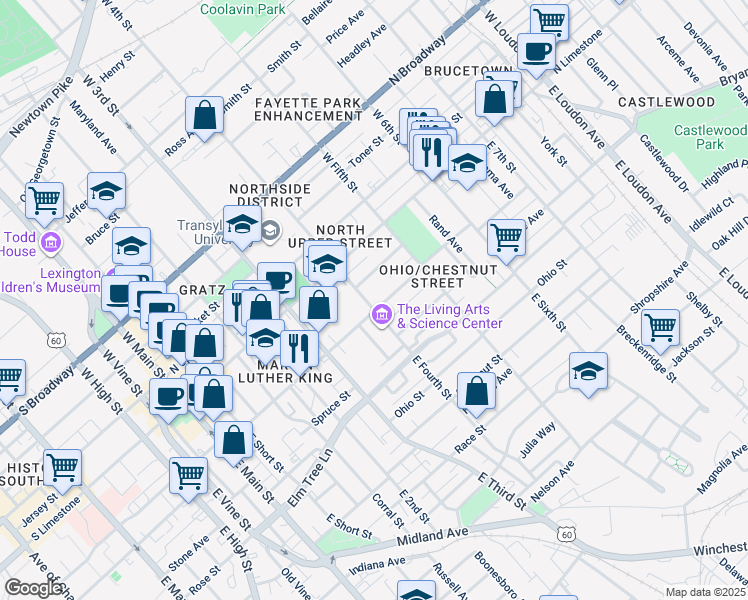 map of restaurants, bars, coffee shops, grocery stores, and more near 412 Johnson Avenue in Lexington