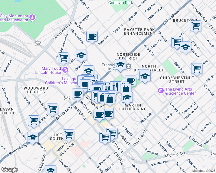 map of restaurants, bars, coffee shops, grocery stores, and more near 201 North Mill Street in Lexington