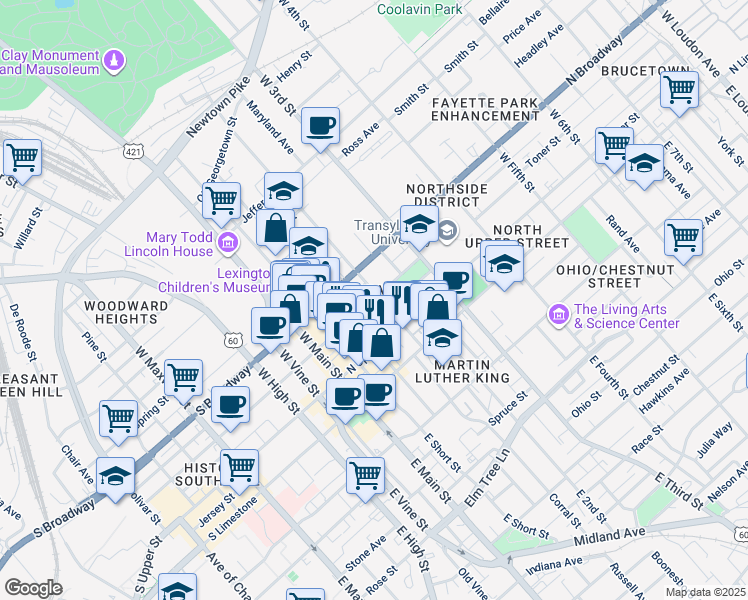 map of restaurants, bars, coffee shops, grocery stores, and more near 201 North Mill Street in Lexington