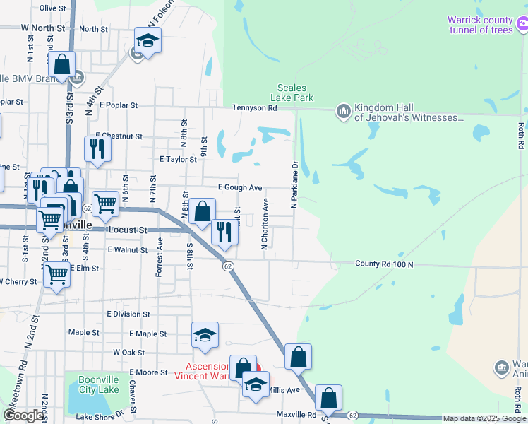 map of restaurants, bars, coffee shops, grocery stores, and more near 400-498 North Charlton Avenue in Boonville